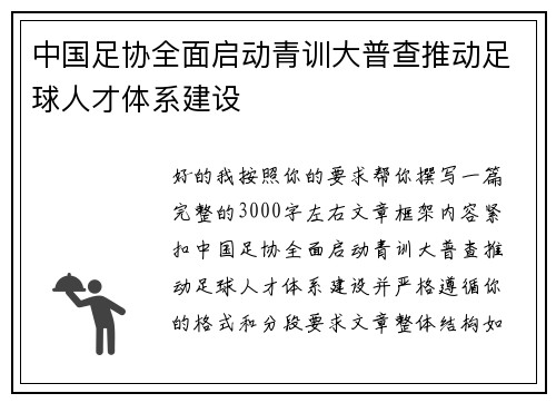 中国足协全面启动青训大普查推动足球人才体系建设