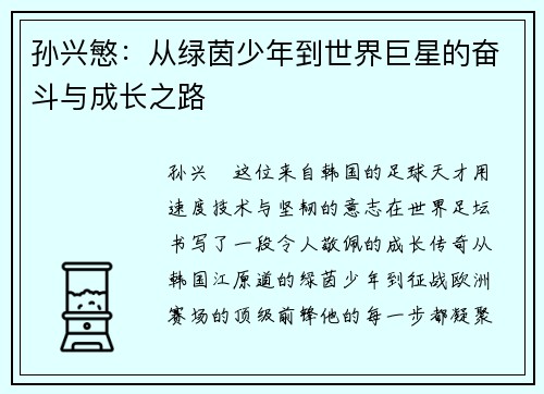 孙兴慜：从绿茵少年到世界巨星的奋斗与成长之路