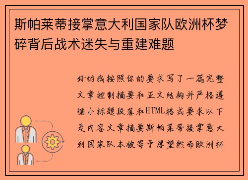 斯帕莱蒂接掌意大利国家队欧洲杯梦碎背后战术迷失与重建难题