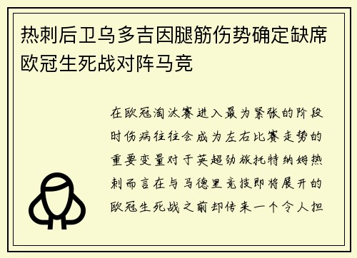 热刺后卫乌多吉因腿筋伤势确定缺席欧冠生死战对阵马竞